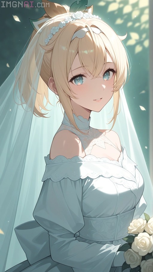 Kazama Iroha in a white wedding dress holding a bouquet of white roses