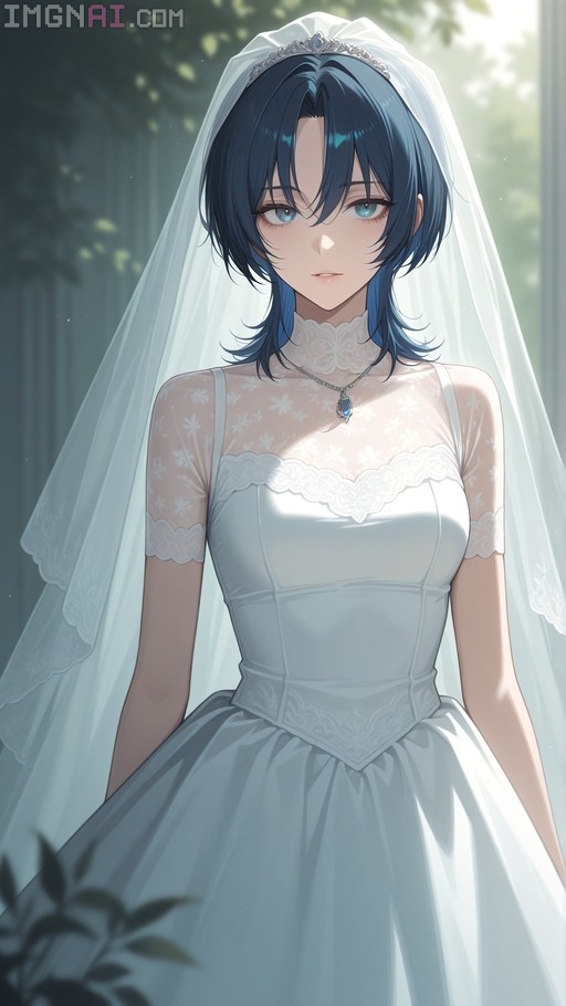 Ouro Kronii in a white wedding dress with a veil and tiara.