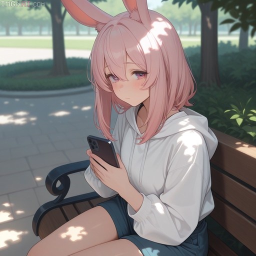 An anime-style girl with pink hair and rabbit ears sits on a wooden park bench holding a smartphone, wearing a white hoodie and blue shorts.