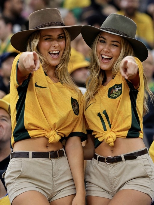 Two smiling blonde women wearing Australia soccer jerseys and wide-brimmed hats point directly at the viewer.
