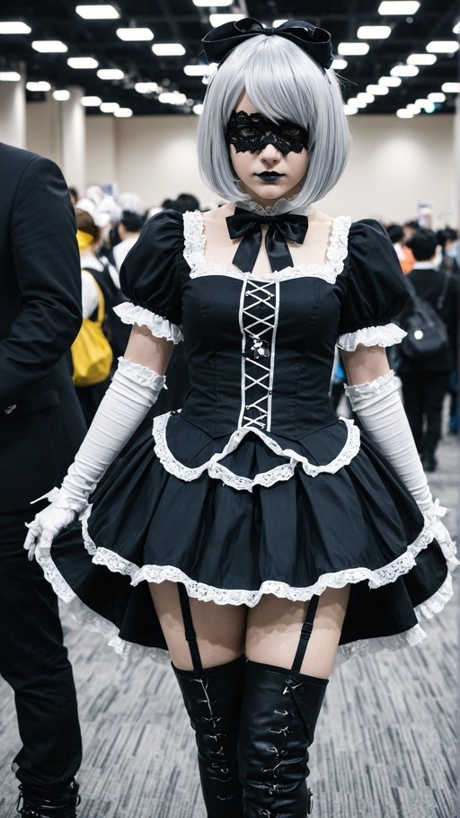 A cosplayer dressed as 2B from Nier: Automata wearing a black frilled dress, white gloves, and a black lace eye mask.