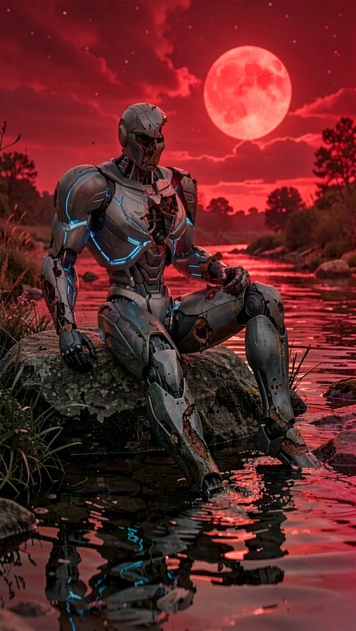 Damaged cyborg in power armor sitting on a rock by water under a red moon.