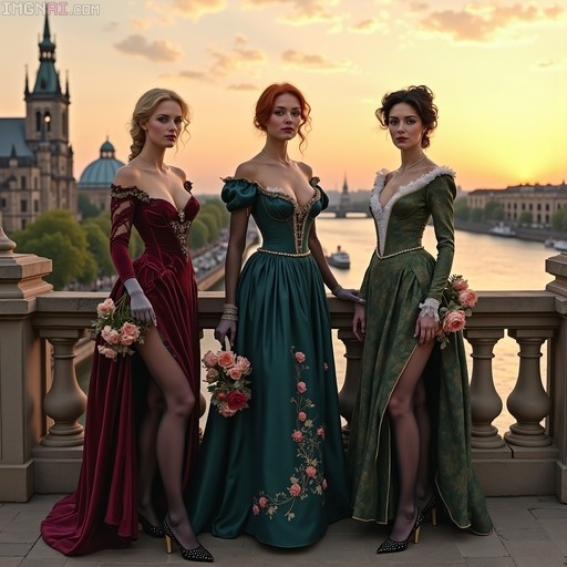 Three women in long maroon and green evening gowns holding roses on a balcony at sunset.