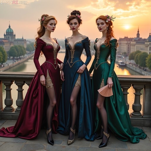 Three women in elegant burgundy, blue, and green gowns standing on a terrace overlooking Dresden at sunset.
