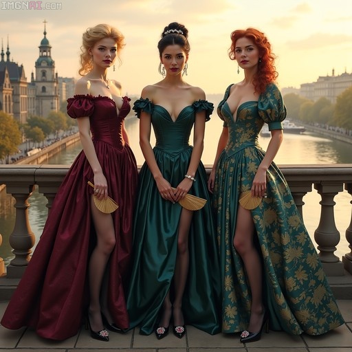Three women in elegant burgundy, emerald, and teal gowns holding fans stand on a stone terrace overlooking the Elbe River and Dresden skyline at sunset.