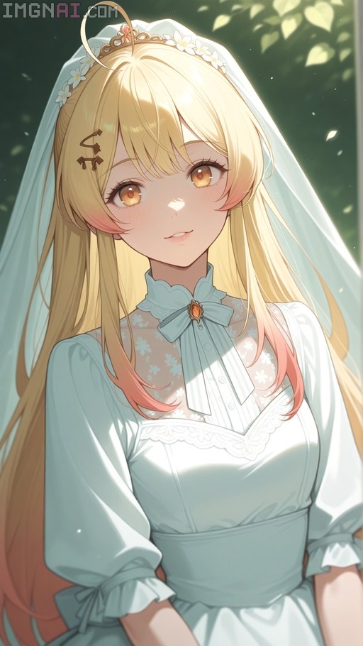 Yozora Mel virtual YouTuber wearing a white wedding dress, veil, and musical note hair clip with blonde and pink hair.