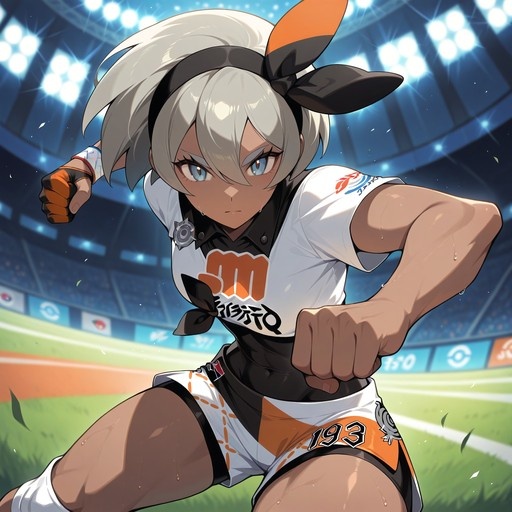 Bea from Pokemon standing in a fighting stance at a stadium.