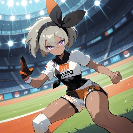 Bea from Pokemon stands in a fighting stance on a track inside a brightly lit stadium.