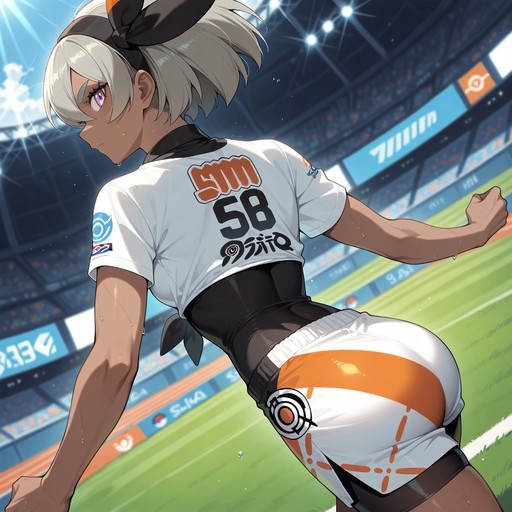 Bea from Pokémon runs on a track in a stadium, wearing a white jersey with number 58 and black bodysuit.