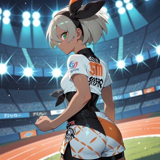 Bea from Pokémon stands on a running track in a stadium, wearing her gym uniform and looking back over her shoulder.