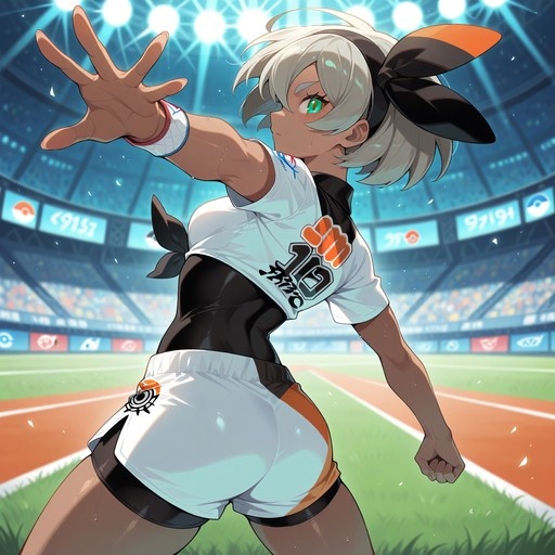 An anime-style illustration of Bea from Pokémon standing on a stadium track, wearing a white shirt and black bodysuit, reaching her hand toward the viewer while looking back over her shoulder.