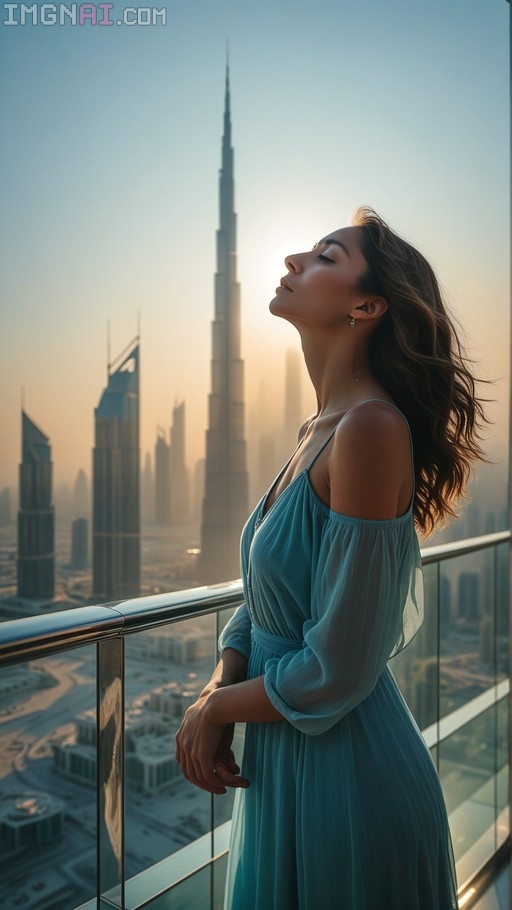 A woman in a teal dress stands on a glass balcony with the Burj Khalifa in the background, eyes closed and face upturned to the sun.