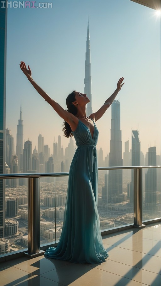 A woman in a long teal dress stands on a balcony with her arms raised towards the sky, with the Burj Khalifa visible in the background.