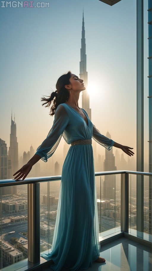 A woman in a long blue dress stands on a high-rise balcony with arms outstretched, facing the sun with the Burj Khalifa in the background.