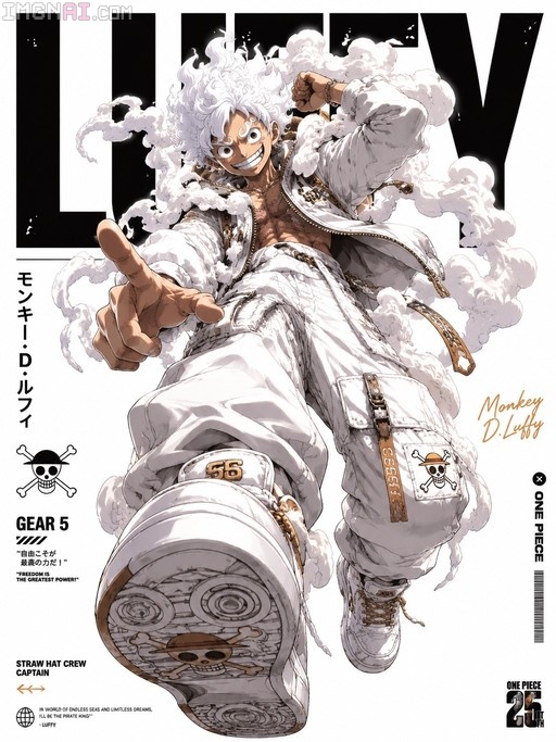 Monkey D. Luffy in Gear 5 form with white hair and clothing pointing at the viewer