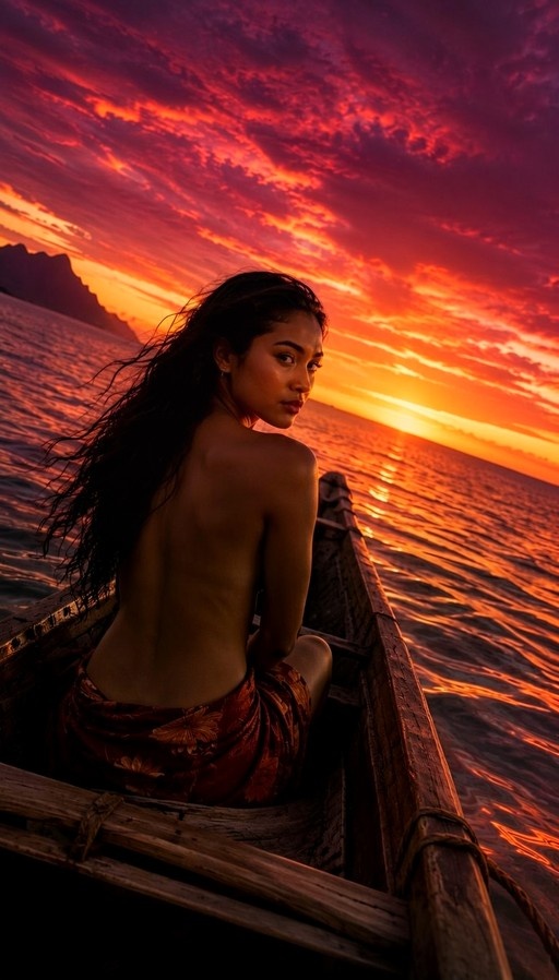 A topless woman with long dark hair sits in a wooden boat on the ocean, looking back over her shoulder against a vibrant red and orange sunset.