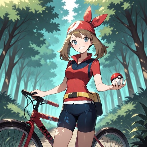 Anime character May from Pokémon standing next to a bicycle in a forest holding a Poké Ball