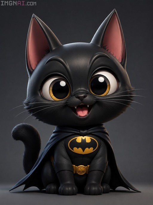 A cute black cat wearing a Batman costume with a cape and yellow symbol.