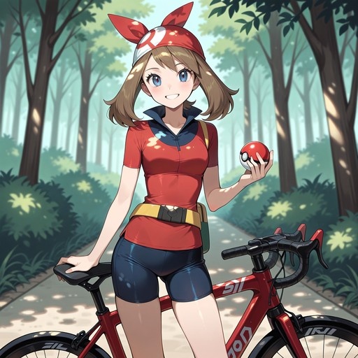 An anime-style illustration of the character May from Pokémon standing next to a red bicycle in a forest while holding a Poké Ball.