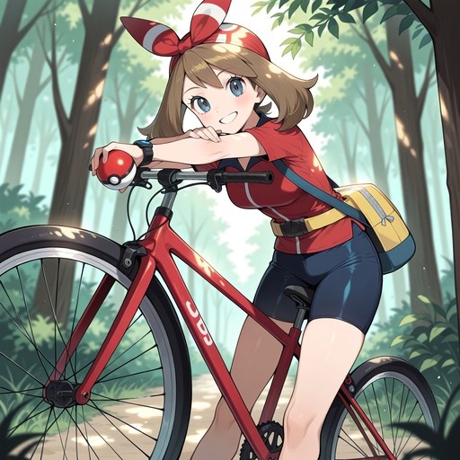 May from Pokémon leaning on a red bicycle in a forest holding a Poké Ball