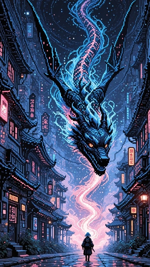 A massive blue and black Eastern dragon with glowing orange eyes soars over a narrow East Asian street at night, illuminated by pink and blue neon lights and lanterns, while a lone figure stands in the foreground looking up.