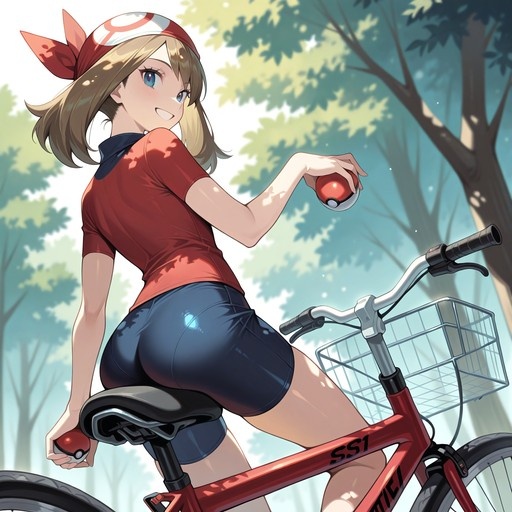 An anime-style illustration of May from Pokémon riding a red bicycle in a forest while holding two Poké Balls.