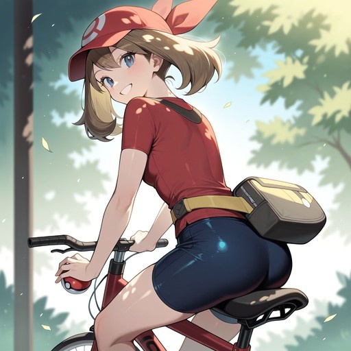 May from Pokémon riding a bicycle outdoors, looking back over her shoulder while holding a Poké Ball.