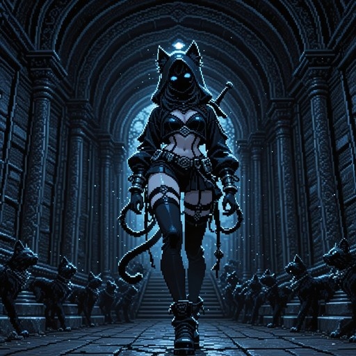 Pixel art of a hooded catgirl warrior with glowing blue eyes walking down a stone corridor lined with black cat statues.