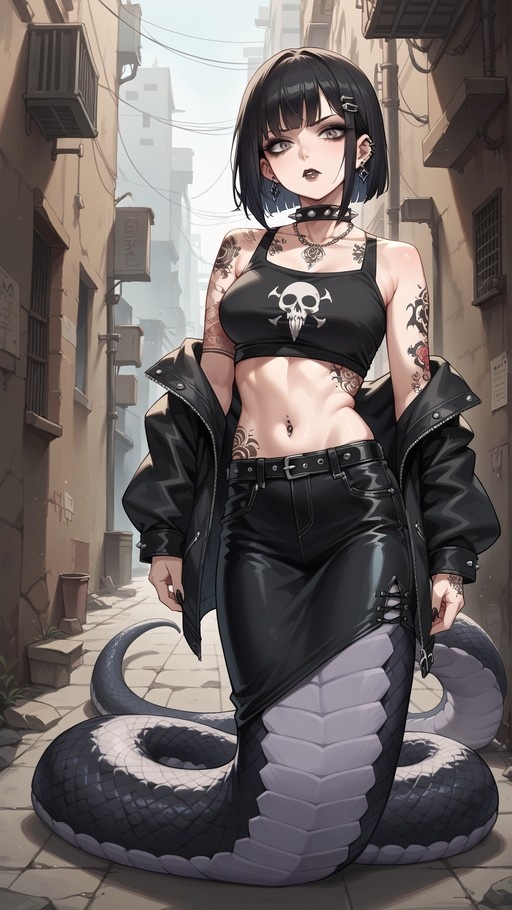 Anime style illustration of a gothic lamia with tattoos and a snake tail standing in an urban alley.