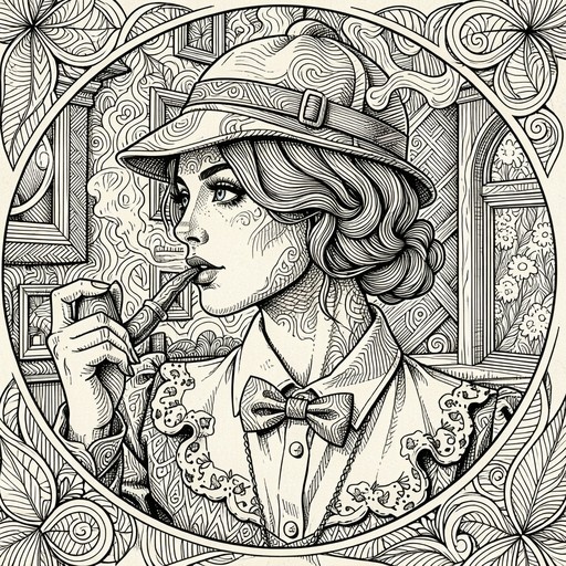 A detailed monochrome illustration of a woman with freckles wearing a hat and bowtie, smoking a pipe amidst swirling Art Nouveau floral designs.