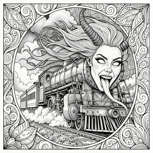 A black and white ink drawing of a horned female demon with a very long tongue sticking out, positioned in front of a steam train on tracks, surrounded by an ornate leaf border.
