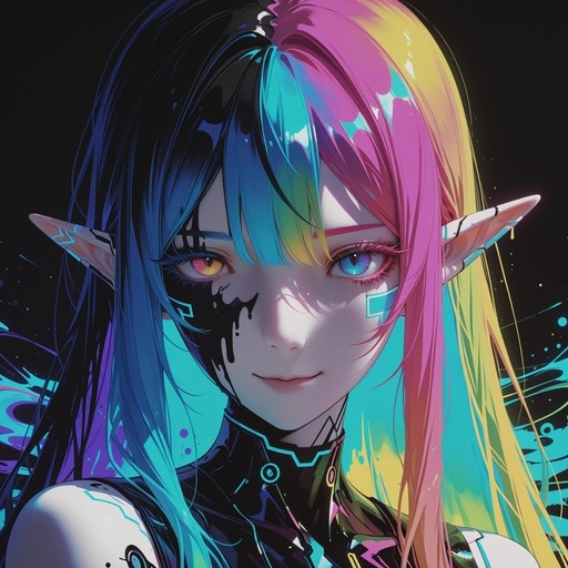 Close-up portrait of an elf girl with long multicolored hair, heterochromia eyes, and black face paint markings.