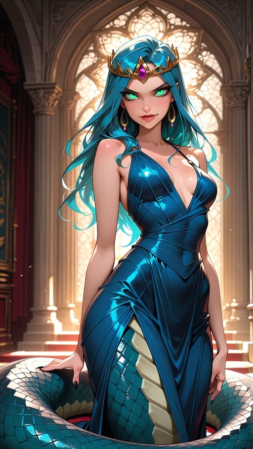 A blue-haired lamia woman with a snake tail wearing a shiny blue dress and golden crown stands in a sunlit hall.