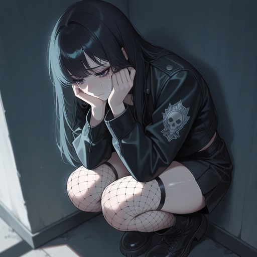 A full-body digital illustration of a crying anime girl with long black hair squatting in a corner, wearing a black leather jacket with a skull patch and fishnet stockings.