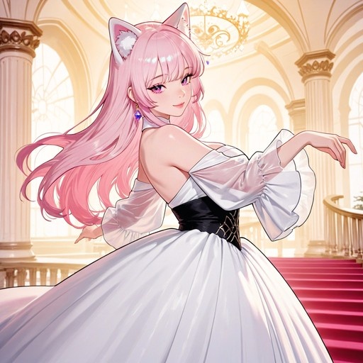 A pink-haired anime girl with cat ears wearing a white ballgown and black corset poses gracefully in a sunlit palace hall with a staircase.