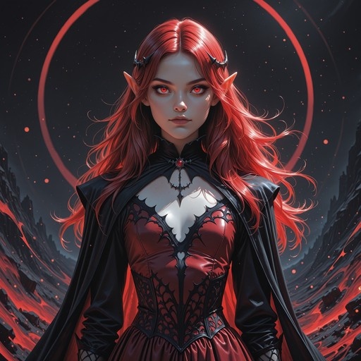 A red-haired elf with pointed ears and red eyes wearing a black cape and red dress against a starry background.