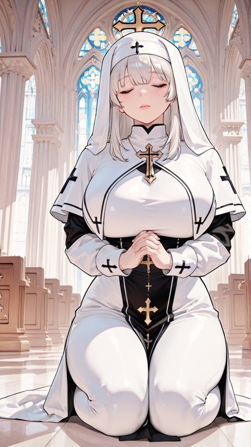 An anime-style illustration of a white-haired nun kneeling in prayer inside a sunlit cathedral with stained glass windows.