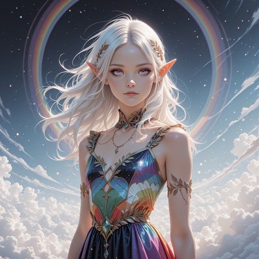 A white-haired elf with purple eyes stands in a cloudy sky, wearing a colorful dress and gold jewelry under a large rainbow ring.