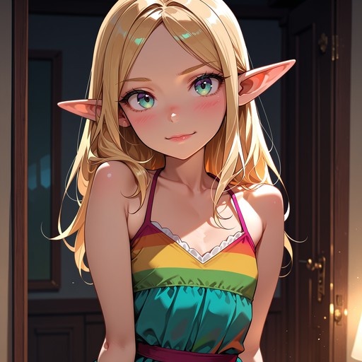 Blonde anime-style elf girl with pointed ears and a colorful striped dress smiling indoors.