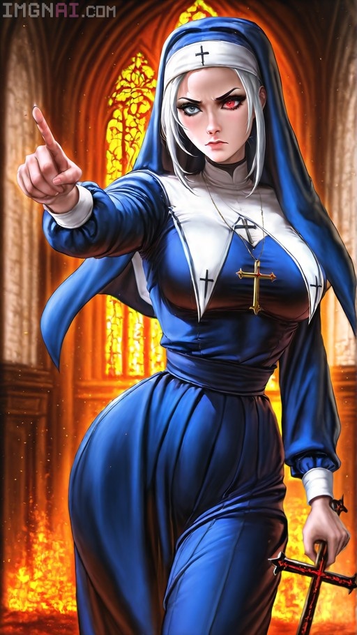 A serious nun with white hair and heterochromia in a blue habit points at the viewer while holding a sword in a burning church.