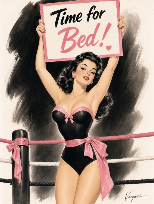 A pin-up woman in a black leotard with pink bows holds a "Time for Bed" sign inside a wrestling ring.