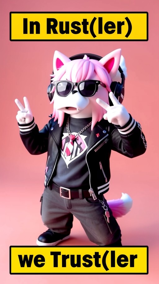 A pink-haired furry wolf character wearing sunglasses and a black jacket makes peace signs with both hands under the text "In Rust(ler) we Trust(ler)."