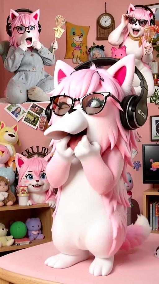A pink-haired anthropomorphic fox wearing headphones and glasses winks while standing on a desk in a room filled with toys.
