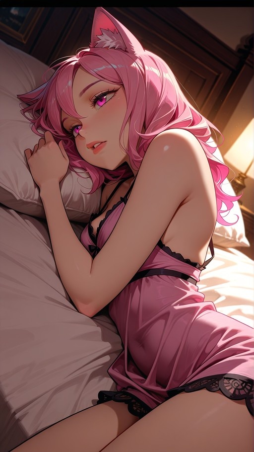 A pink-haired anime girl with cat ears lies on a bed wearing a pink nightgown with black lace trim.