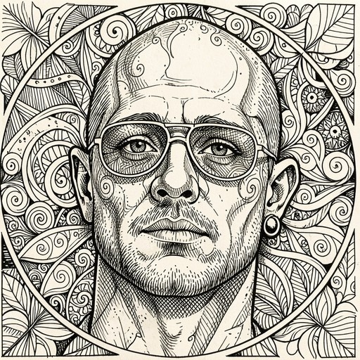 A detailed black and white line drawing of a bald man with stubble and glasses, surrounded by an ornate circular frame filled with swirling leaves and patterns.