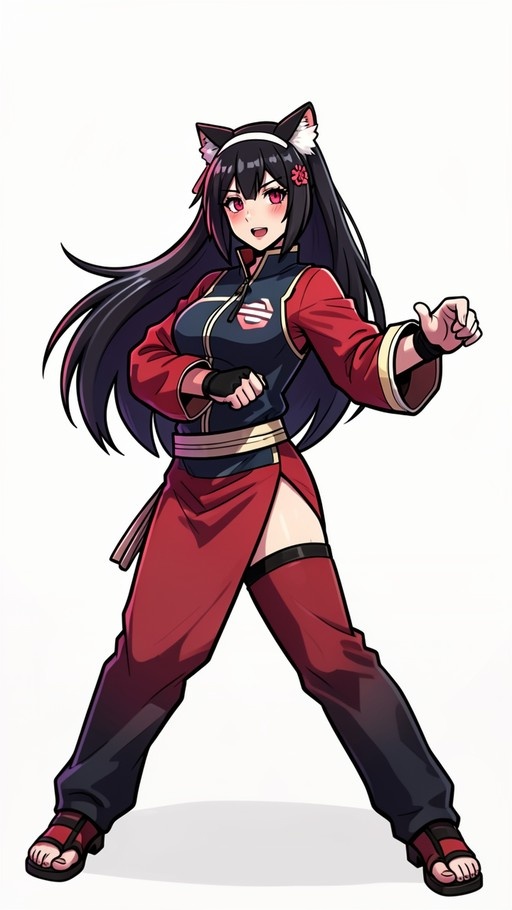 Anime girl with long black hair and red eyes wearing cat ears, a red flower ornament, and a red and blue martial arts outfit, standing in a fighting pose.