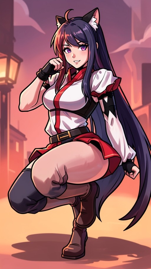 Full body illustration of a cat-eared anime girl with long dark hair and purple eyes, wearing a white shirt and red skirt, posing dynamically on one leg against a blurred city background at sunset.