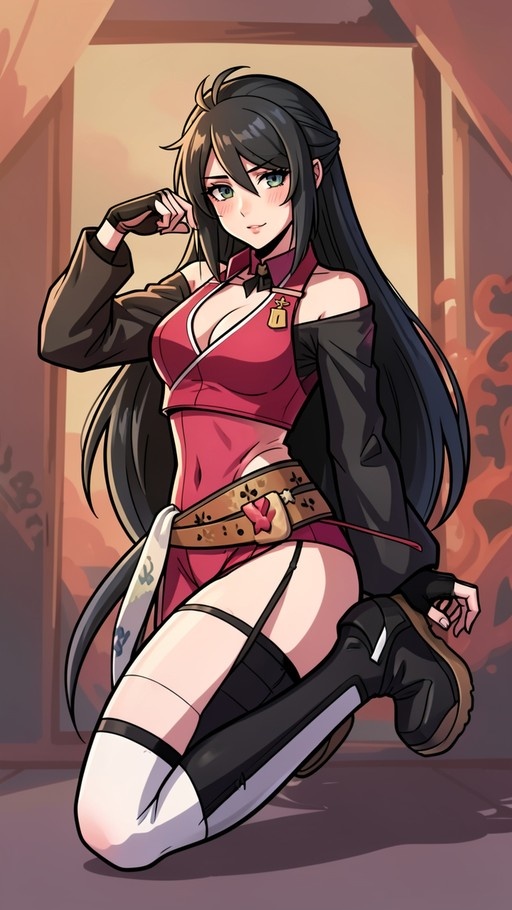 An anime-style woman with long black hair and green eyes kneels on the floor wearing a red outfit, a dark jacket, and mismatched legwear while smiling at the viewer.