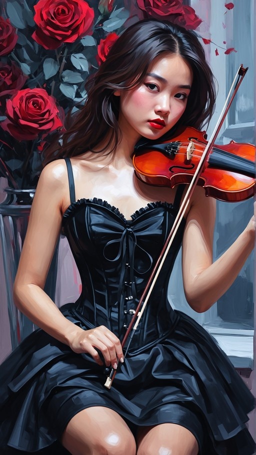 A digital painting of a young woman with long dark hair holding a violin and bow, wearing a black corset dress and red lipstick, set against a background of red roses.