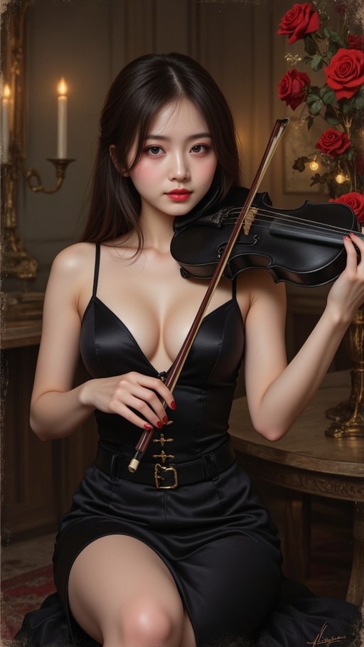 A young woman with long dark hair in a black satin dress holds a black violin and bow, looking at the viewer near red roses and candles.